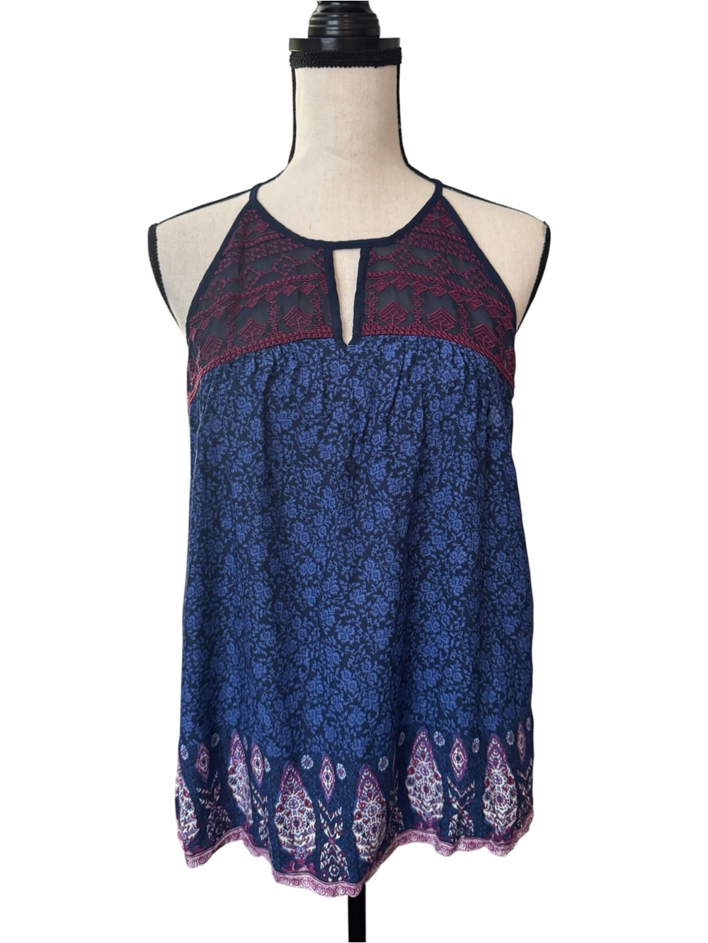 Lucky Brand Embroidered Boho Tank Top Medium Blue Pink Sleeveless Festival